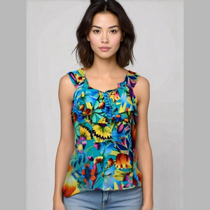 Spense Tropical Blue Floral Sleeveless Summer Blouse Sz Large